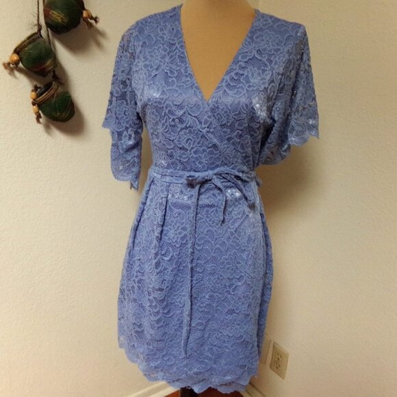 Francesca's Blue Lace Wrap Dress with Flutter Sleeves - Picture 1 of 7